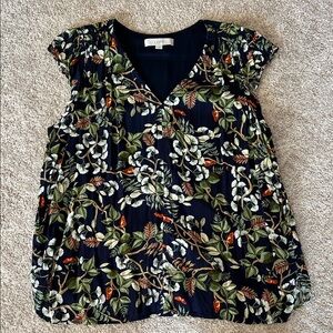 LOFT Navy Floral Blouse with Green and Orange Accents